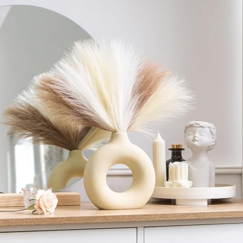 Image of CURATED CART Faux Pampas Grass Set of 3 Small Artificial Flowers for Home, Office, Bedroom, Living Room & Table Decor - 1 Each Beige, White, Brown, 41 cm, (Without Vase)