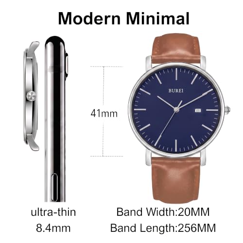 Image of BUREI Men's Fashion Minimalist Wrist Watch Analog Date with Leather Strap