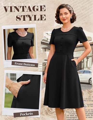 Image of Wedtrend 1950's Vintage Dresses for Women Modest Church Dress with Pockets Short Sleeve Tea Party A-Line Cocktail Dresses
