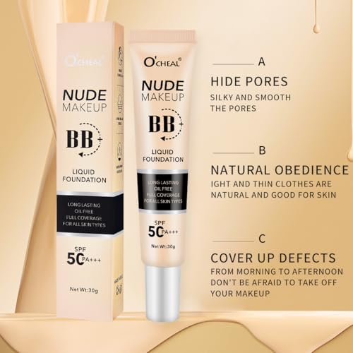 O'CHEAL BB Cream with SPF 50+ | Full Coverage Tinted Moisturizer with Buildable Concealer Powder Foundation, Oil-Free, Hydrating & Matte Finish | Vegan, Cruelty-Free, for All Skin Types(Natural)