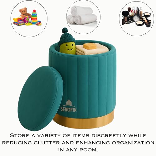Image of Ottoman Stool with Storage, Round Dutch Velvet Cover Memory Foam Padded 32L Capacity Ottoman Bench Footrest, Pouffe, Office Stool, Makeup Chair, Vanity Chair for Living Room, Bedroom