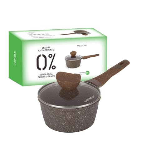 KASANOVA Casseruola antiaderente 0 Grassi, tegame per induzione, con coperchio, rivestimento antiaderente, tegame acciaio inox in forno fino a 250 °C (16 cm)