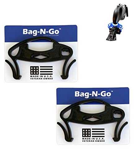 Image of Ultra Slim Bag Holder For Leash-One-Handed Operation- Keeps Rolls Secure Without Unrolling-Double Bag Hooks For Full Bags- Includes (1) Roll of Dog Waste Bags (2 Pack, Black)