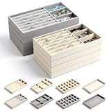 Apausvcm 8 Pcs Small Velvet Jewelry Trays, Drawer Jewelry Organizers And Storage Stackable Ornaments Divided Display Tray for Earring, Ring, Brooch, Watch (Beige, Grey)