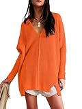 SuperPrity Womens Sweaters V Neck Long Sleeve 2024 Fall Oversized Front Slit Knit Pullover Sweaters Top Casual Trendy Clothes-L,Orange