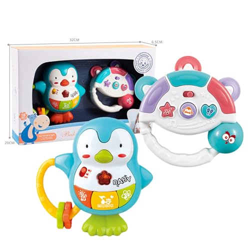 Juguete para bebés, Pingüino Musical y pandereta, Set de 2 Juguetes Musicales para bebé, Juguetes interactivos, Regalo para bebés a Partir de 6 Meses, sonajeros Musicales para bebés