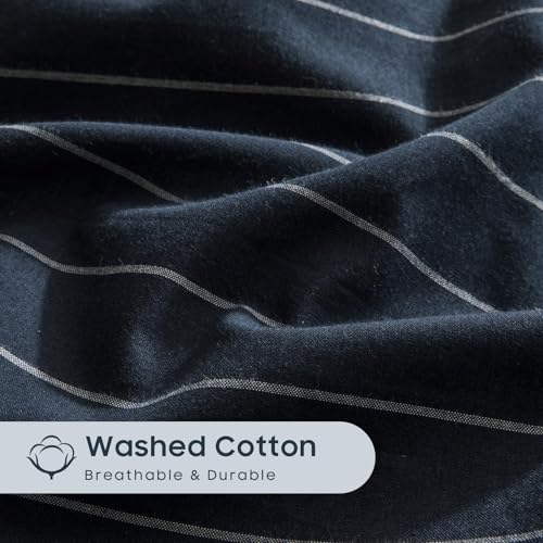Image of Wake In Cloud - Striped Cotton Duvet Cover Set, Ticking Stripe Vertical Pinstripe Farmhouse, 100% Washed Cotton Textured Bedding Set, 3 Pieces, Navy Blue, Twin /Twin XL Size