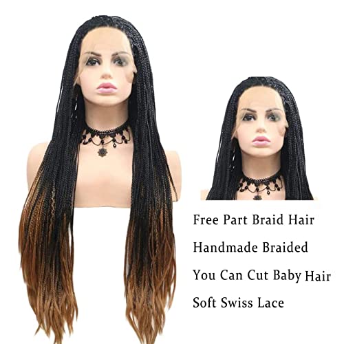 Long Brown Black Ombre Braided Wig For Black Women Handmade Realistic Heat Resistant Glueless Box Braids Wig With Knotless Braids Great Cornrows Full Lace Synthetic Braided Hair Cosplay Daily Uk 26" #TOP1