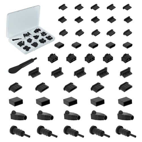 50 Pcs 10 Types USB Port Cover Silicone Protection Caps Dust Plug Kit - for USB C, Lightning, Micro, Type-C, Cat5/6, 3.5mm, USB A, HDMI, RJ45 with Cleaning Brush