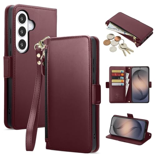 COBEAR for Samsung Galaxy S26 Plus Case Wallet, Pu Leather Flip Phone Case with Wrist Strap, Zipper Pocket, Kickstand, Women Men Phone Wallet Case with Card Holder for Samsumg S26 Plus,Wine Red