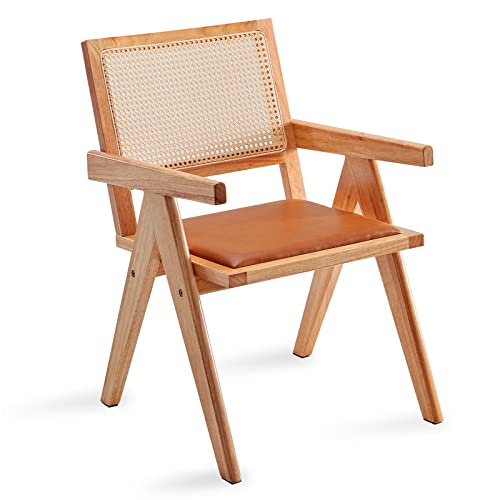 STARY Mid Century Modern Leather Rattan Dining Room Chair, 1 Pcs, Original Wood STARY Mid Century Modern Leather Rattan Dining Room Chair, 1 Pcs, Original Wood