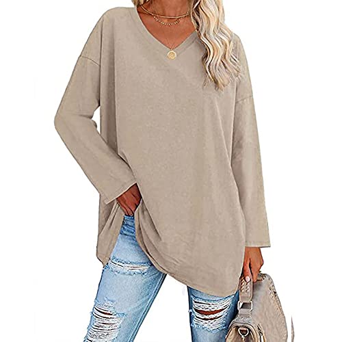 Image of Famulily Women's Casual Long Sleeve T Shirts Ladies V Neck Basic Tops Comfy Cotton Loose Tunic Tops (M, Beige)