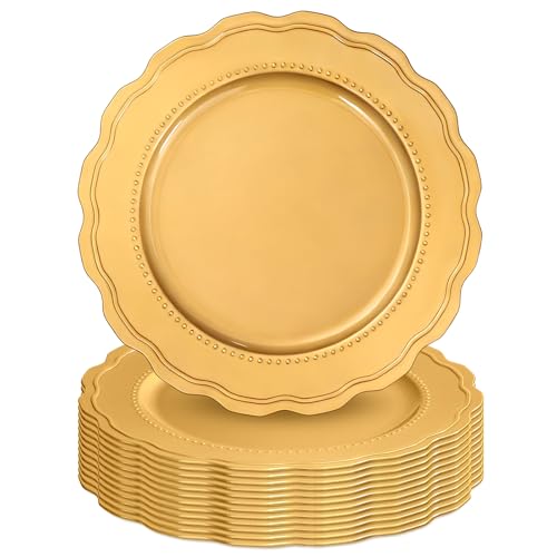 YMHPRIDE Gold Charger Plates Set of 12, 13 Inch Plastic Round Charger for Dinner Plates, Plastic Table Chargers for Wedding, Thanksgiving, Christmas YMHPRIDE Gold Charger Plates Set of 12, 13 Inch Plastic Round Charger for Dinner Plates, Plastic Table Chargers for Wedding, Thanksgiving, Christmas