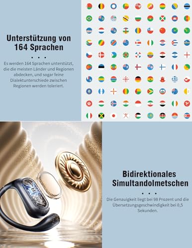 Kryvella AI Kopfhörer Übersetzer 3 in 1 164 Sprachen Echtzeit Sprachübersetzer Kopfhörer Echtzeit Übersetzer Ohrhörer Bidirektionale Simultanübersetzung für Reisen Lernen Business iOS Android