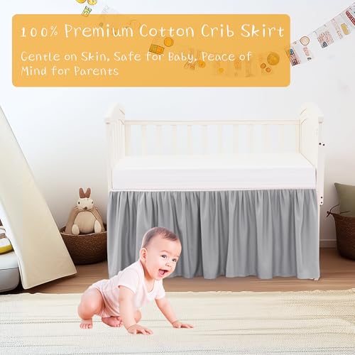 Image of Crib Bed Skirt Dust Ruffle 100% Cotton - Natural, Soft, Breathable for Baby's Delicate Skin, Nursery Toddler Crib Bed Skirt for Baby Boys Girls, Fits Standard Cribs 28 inch x 52 inch with 14 inch Drop