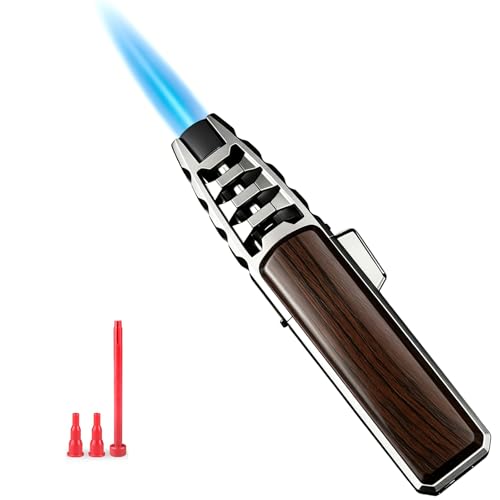 DOUBFIVSY Butane Torch Lighter Refillable Kitchen Cooking Torch with Safety Lock Windproof Adjustable Jet Flame Solar Beam Torch Blow Torch for Baking BBQ Mens Gifts (Without Gas) (Brown)
