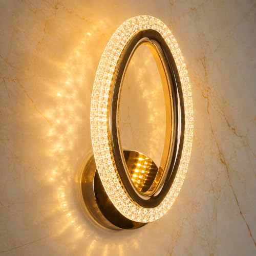 Image of fizzytech Crystal LED Wall Light, Modern Gold Finish Decorative Wall Lamp with 3 Colour Changing Modes for Living Room, Bedroom, Hallway & Home Decor (Oval, Pack of 1)
