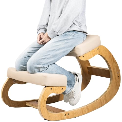 CROWNSHOP Kneeling Chair with Rocking Feature Ergonomic Orthopedic Posture Stool for Back & Neck Pain Relief Thick Cushioned Seat for Home Office & Meditation Wooden Oak
