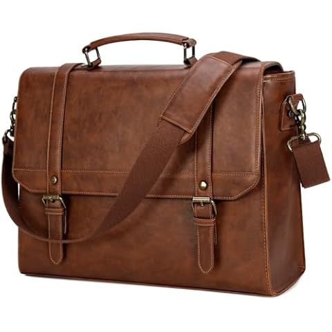 IGOLUMON Messenger Bag for Men 15.6 inch Vintage Leather Waterproof Laptop Briefcase Large Computer Laptop Bag Leather Satchel Bag Retro Shoulder Bag for Office Business Travel College, Brown Cover