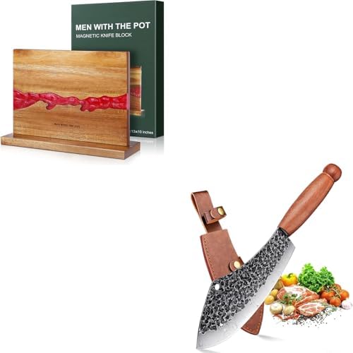 MEN WITH THE POT Damascus Forged Butcher Knife (High Carbon Steel) with Sheath & Gift Box + Double-Sided Magnetic Knife Block (Natural Wood & Red Resin,13x10In) - Christmas Gift Bundle for Kitchen Cam image 5