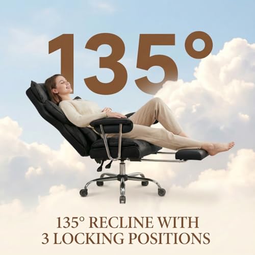 Image of Efomao Big & Tall Office Chair with Footrest, High-Back Leather Executive Desk Chair with Lumbar Support and Padded Armrests, Black