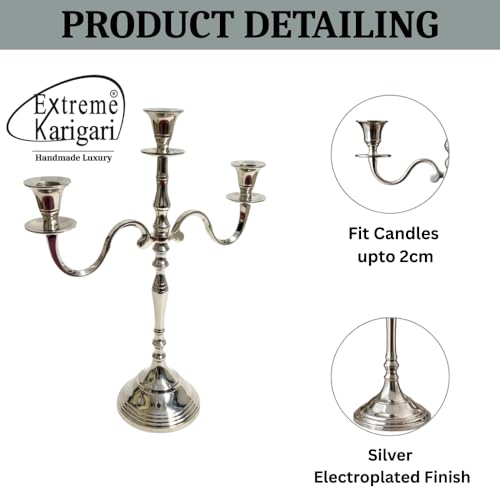 Image of 3 Arm Silver Candelabra Candle Holder | 16 Inch Tall Metal Candlestick Stand | Electroplated Finish | Dining Table, Living Room & Wedding Decor | 11.5 x 4.75 x 16inch