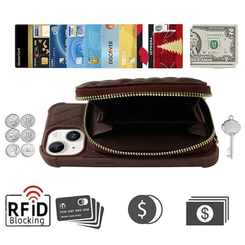 Image of MONASAY Zipper Wallet Case Compatible for iPhone 15 Plus /14 Plus,[Screen Protector][RFID Blocking] Flip Leather Handbag Phone Cover with Card Holder and Crossbody Lanyard Strap, Brown