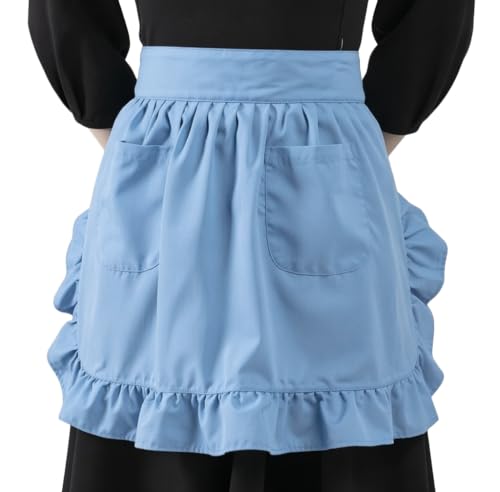 LilMents Waist Apron with Pockets Retro Kitchen Cleaning Ruffles Half Apron (Light Blue)