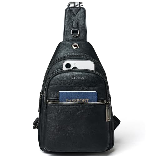 LATMAP 7L - Marsupio da donna in pelle PU, con tracolla regolabile sul petto, leggero, borsa da viaggio, Nero