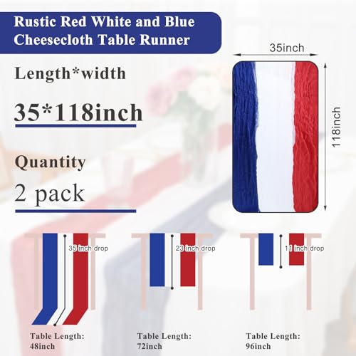 2PCS 4th of July Cheesecloth Table Runner, Vintage Red White and Blue Table Runner for 250 Anniversary USA Patriotic Memorial Day Independence Day Veterans Party Decoration for Indoor Outdoor 118Inch by Jeyeou - Used condition - Image 3