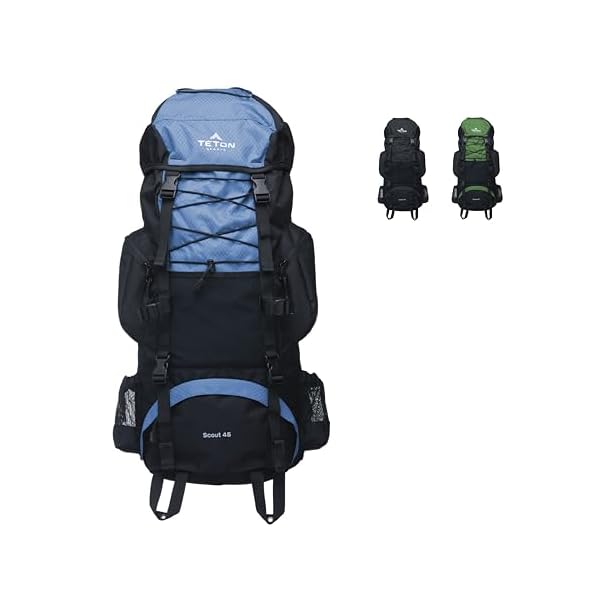 Teton 45L Scout Internal Frame Backpack for Hiking, Camping, Backpacking, Rain Cover Included, Bluejay