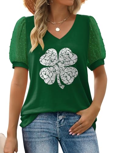 Image of Aokosor Womens Summer Tops V Neck T Shirts Swiss Dot Puff Sleeve Tops Loose Casual Tshirts