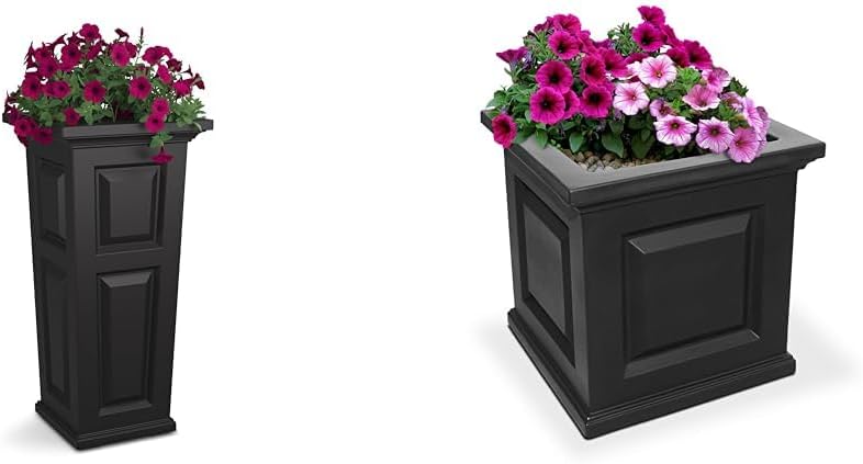 Mayne 4833B 16x16 Black Nantucket Planter and 16in Black Nantucket Square Planter with 3.7 Gallon Reservoir