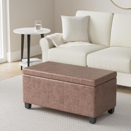SIMPLIHOME Dover Storage Ottoman Bench - 36 inch Wide Upholstered Vegan Leather Rectangular Lift-Top Ottoman in Distressed Umber Brown, Contemporary Bench for Living Room with Safety Hinges by SIMPLIHOME - Image 2