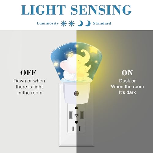 Image of Cute Elephant Mother and Child Night Light for Kids, Elephant Sitting in Moon LED Night Light Plug into Wall with Dusk to Dawn Sensor for Girls Boys Bedroom, Kitchen, Bathroom, Stairs Decor