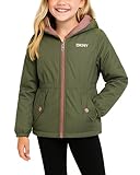 DKNY Girls Fleece Jacket - Polar Fleece Lined Midweight Hooded Anorak Windbreaker - Cozy Outerwear & Winter Jackets for Girls, Size 10-12, Greyed Green