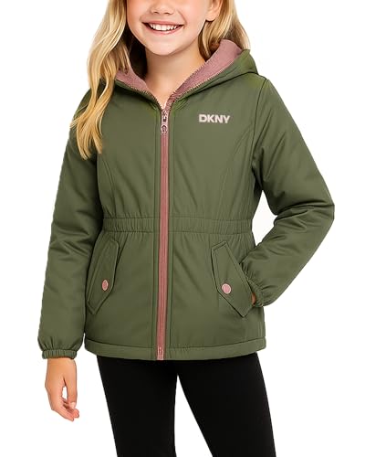 DKNY Girls Fleece Jacket - Polar Fleece Lined Midweight Hooded Anorak Windbreaker - Cozy Outerwear & Winter Jackets for Girls, Size 14-16, Greyed Green