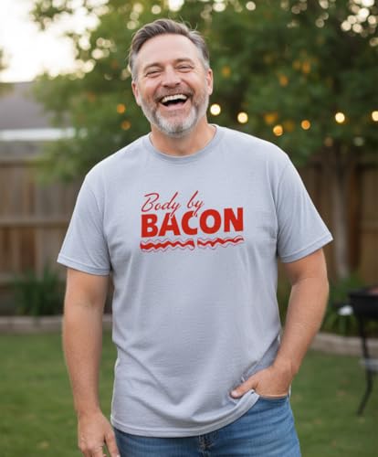 Body by Bacon T-Shirt Funny Food Lover Graphic Tee Novelty Humor for Big Guy Men Women Ash