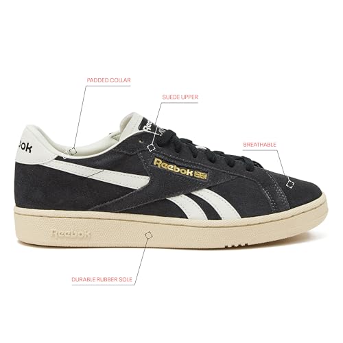 Reebok Club C Grounds UK Vintage Sneakers for Men - Casual Tennis Mens Shoes Size 7 to 13, Washed Black/Paper White/Chalk, 11.5/Women 13