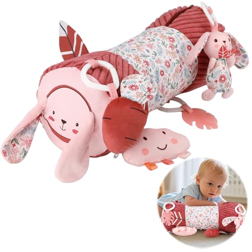 vocheer Tummy Time Pillow with Detachable Sensory Toys for Babies,Inflatable Design,Pink Rabbit, Baby Girl Toys 0-6 Months with Tummy Time Mirror, Rattles, Teether,Baby Girl Gifts