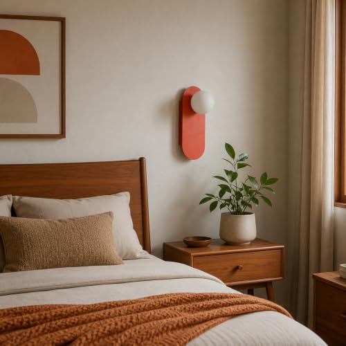 Image of Orange Glass Globe Wall Sconce,12 Inch,Suit for Bedroom Hallway | Frosted Sphere Lampshade, for Hallway and Bedside,Soft Warm Glow,MCM Style,Decorative Lighting,Hardwired Mount Design