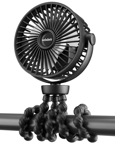 welodorir Ventilador portátil para cochecito, recargable, pequeño, personal, mini ventilador de clip USB con trípode flexible, 3 velocidades, rotación de 360°, ventiladores de escritorio de mano para