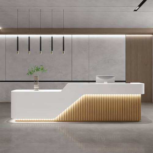 L Shape Reception Desk - Modern Front Desk with Counter and Hidden LED Light, No Assembly Required, Solid Wood Retail Counter- Perfect for Office, Checkout Counter & Retail Counter Use