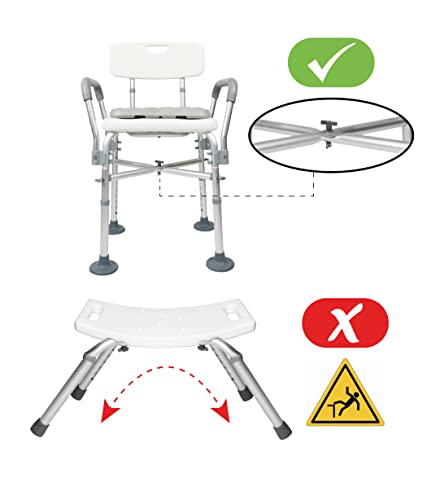 KMINA - Padded Shower Chair with Arms and Back (330 lbs), Double Reinforced Crossbar, Heavy Duty Seat for Adults, White - Made in Europe