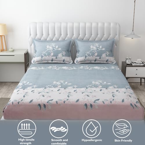 Image of FRESH FROM LOOM King Size Floral Print Microfiber Fitted Bedsheet Set - 240 TC, Anti Fade, Includes 2 Pillow Cover (Size - 78 x 72 Inches (Fits up to 10 Inch)| Grey, Walnut)