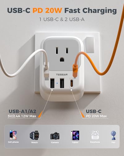 Image of TESSAN US to UK Plug Adapter PD 20W, Type G Travel Converter with 3 USB Charger(1 USB C Port), 4 Outlets Power Adaptor for USA to Qatar Ireland Hong Kong England Scotland Kenya Dubai London British | 3 USB Charger (1 USB C Port), 4 Outlets, Travel Converter