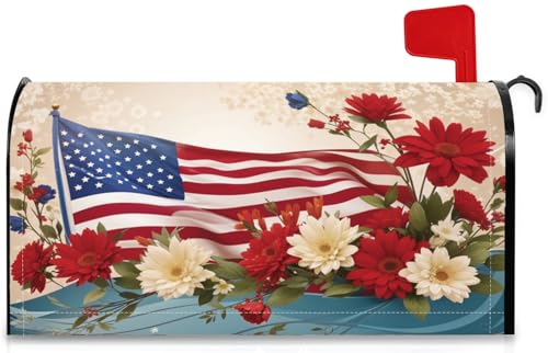 GICDSU American Flag and Floral Mailbox Covers Magnetic Standard Size Waterproof Oxford Mailbox Wraps Letter Post Mailbox Cover 21" X 18" for Holiday Garden Yard Decor