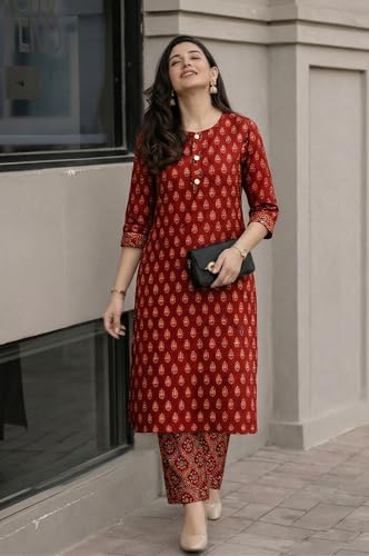 Image of ANNI Designer Kurta Set for Women Viscose Printed | Kurti Set for Woman | Kurta Pant Set | 2 Piece Set Women | Mandarin Neck 3 /4 Sleeve Regular Fit Stylish Ethnic Outfit Clothing