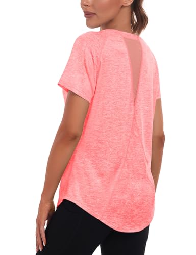 Women's Long Workout Tops,Short Sleeve Dry-Fit Mesh Open Back Loose Fit Gym Athletic Running Shirts Exercise Tee3