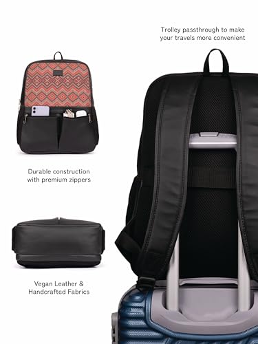 Image of ZOUK Women's Office Backpack | Vegan Leather & Handicraft Fabric | PeTA Approved | 15.6 Inch Laptop Compartment | Dual Zipper Pockets | Water Resistant | Trolley Passthrough | 17.5L